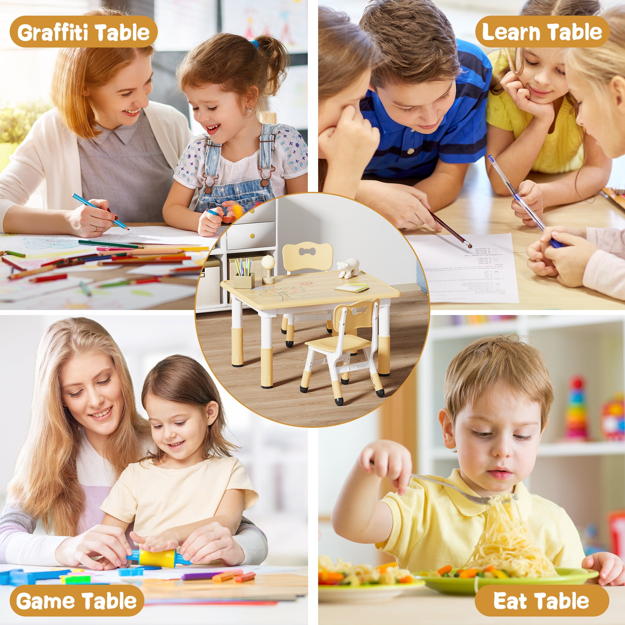 Kids Table and 2 Chairs Set, Height Adjustable Toddler Table and Chair Set, Graffiti Desktop, Classroom/Daycare/Home, Children Multi-Activity Table for Ages 2-8