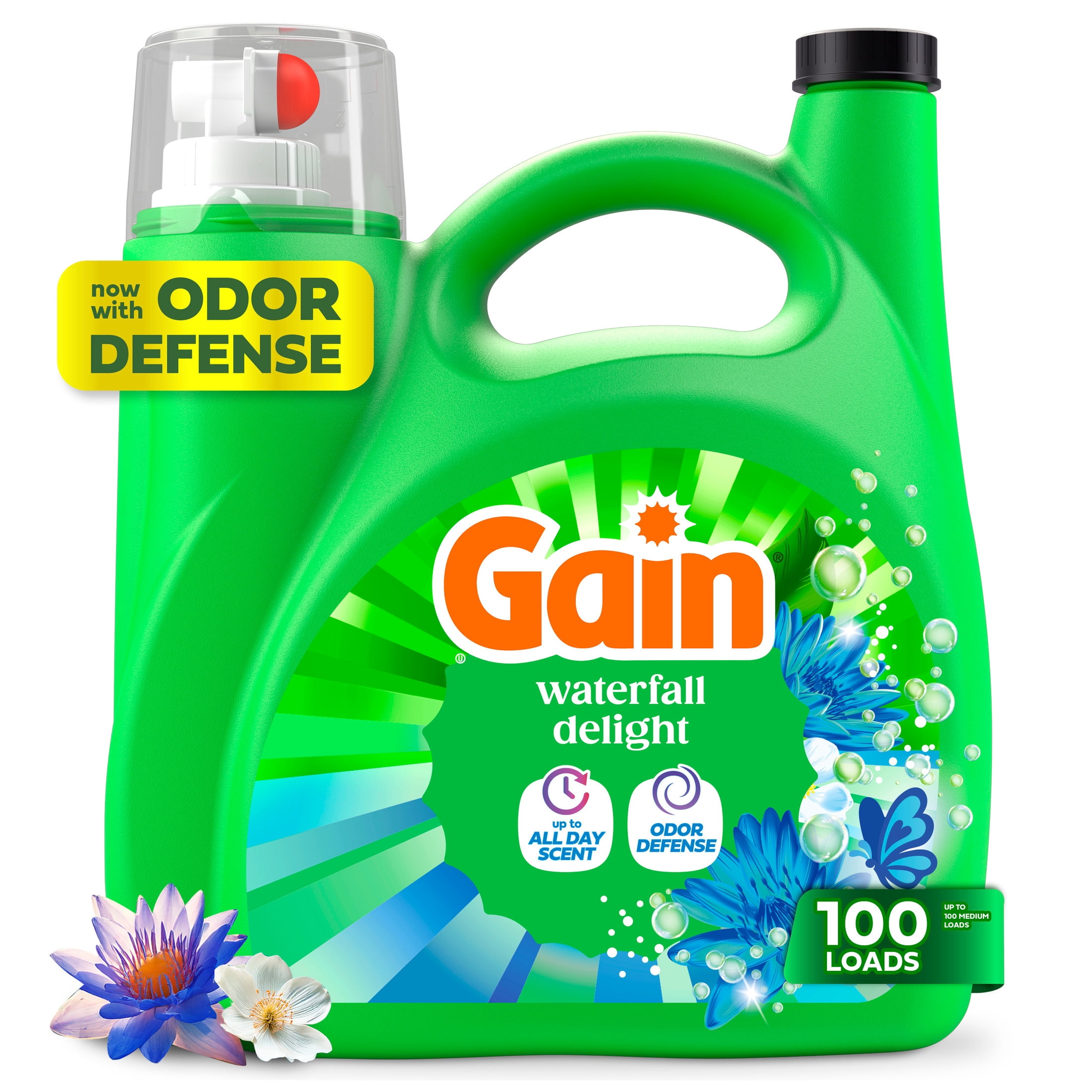 (4 pack) Gain Laundry Detergent Liquid, Now with Odor Defense, Waterfall Delight Scent, 132 fl oz, 100 Loads