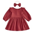 thumbnail image 2 of ZHOGXU Kids Girls Dress Long Sleeve Round Neck Solid Color Comfortable Fashiona Elegant Dresses For Casual Daily Wear,Wine,6-12 Months, 2 of 7