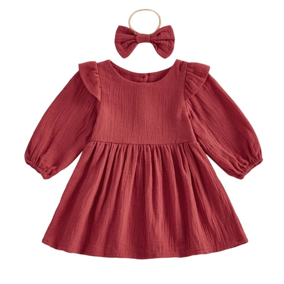 Ticikt Toddler Girl Cotton Linen Dress Long Sleeve Ruffle Fall Dress with Headband Kids Solid Dresses Casual Clothes,Color:,Size:3-6 Months