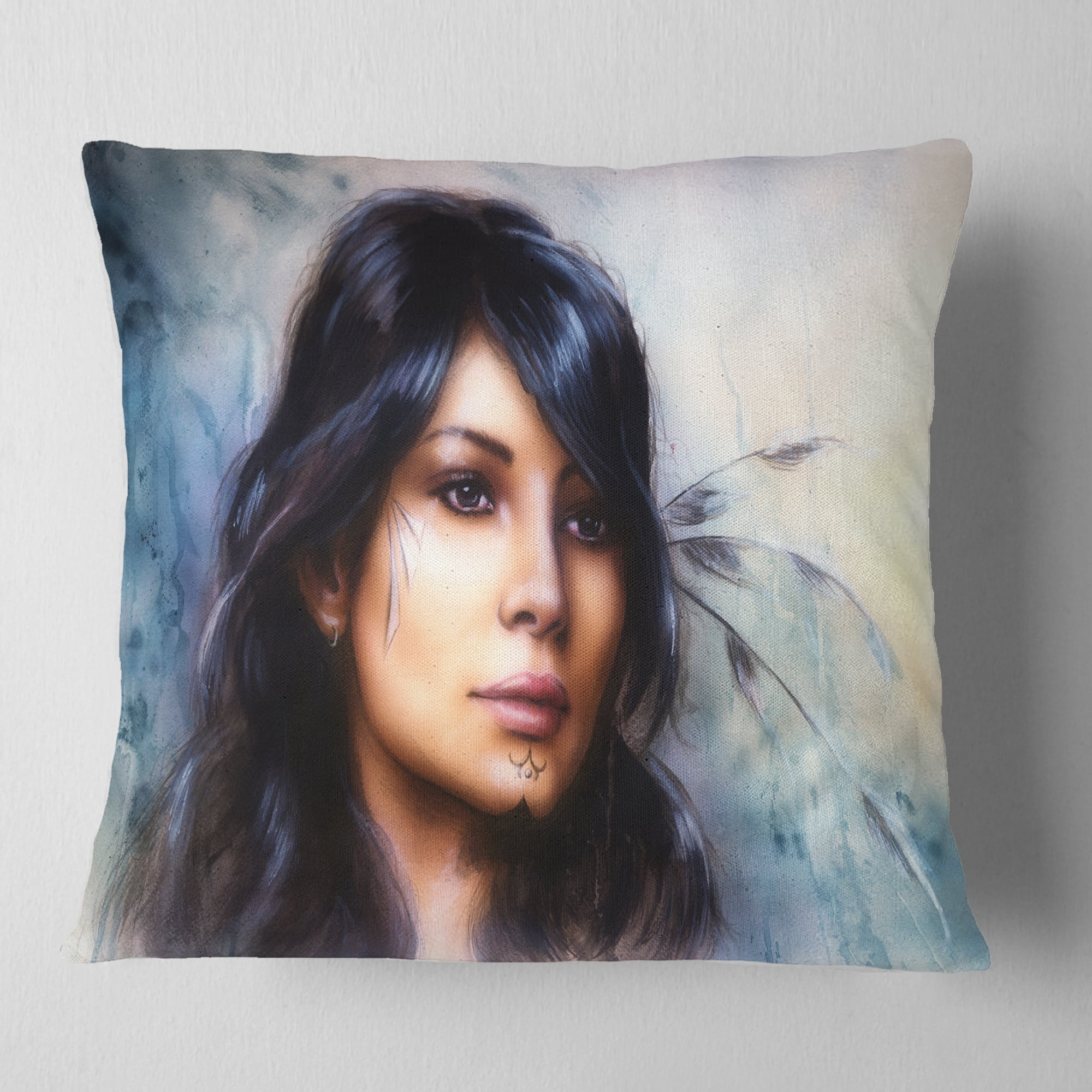 Designart Indian Woman with Ornament Tattoo - Portrait Throw Pillow - 18x18