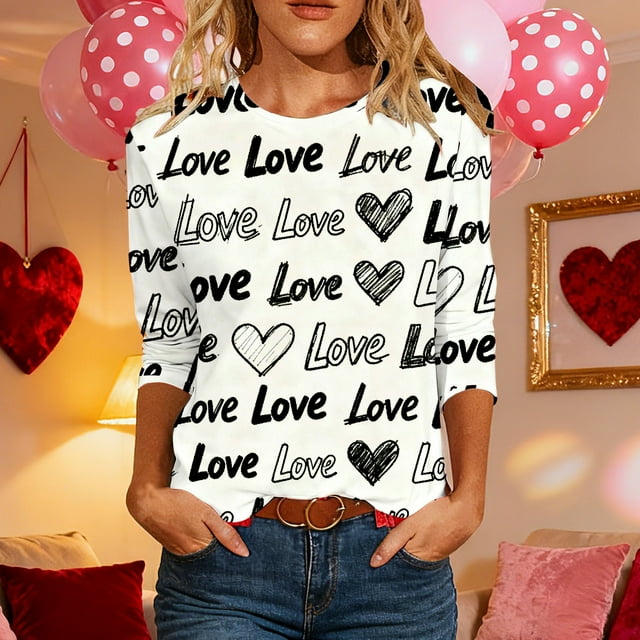 Hauts pour Femmes T-Shirt à Manches 3/4 à Imprimé Cœur de la Saint-Valentin à Col Rond Noir P