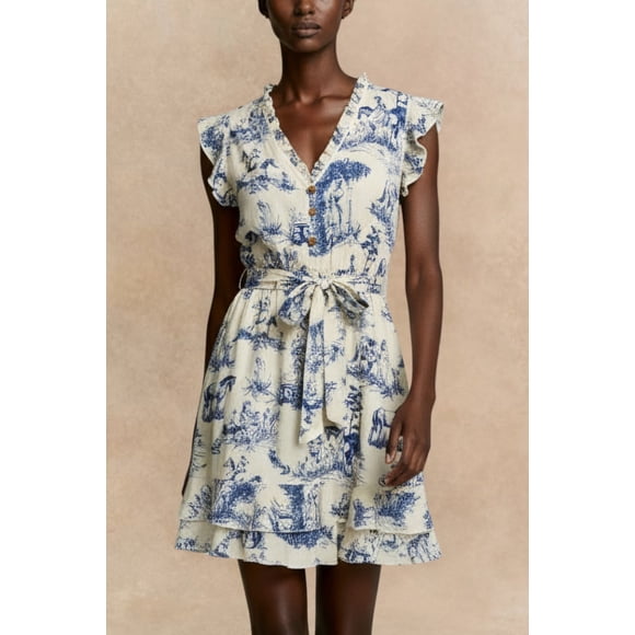 Natasha Toile De Jouy Print Short Dress Self Belt Pockets Ruffle Trim
