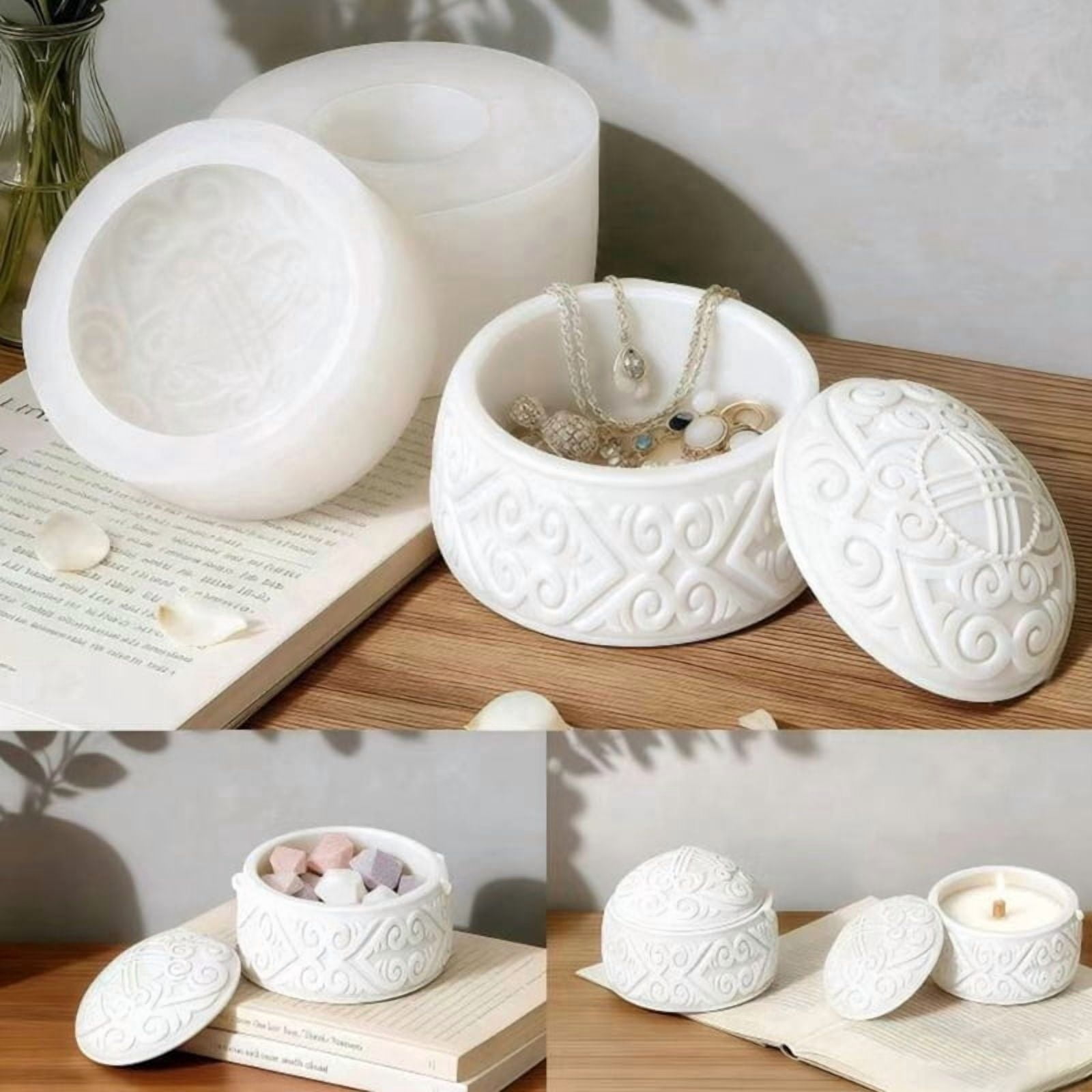 Embossed Resin Jar Molds with Lid Silicone Candle Cup Mould for Epoxy Resin Candle Holder Storage Jar Chocolate Baking