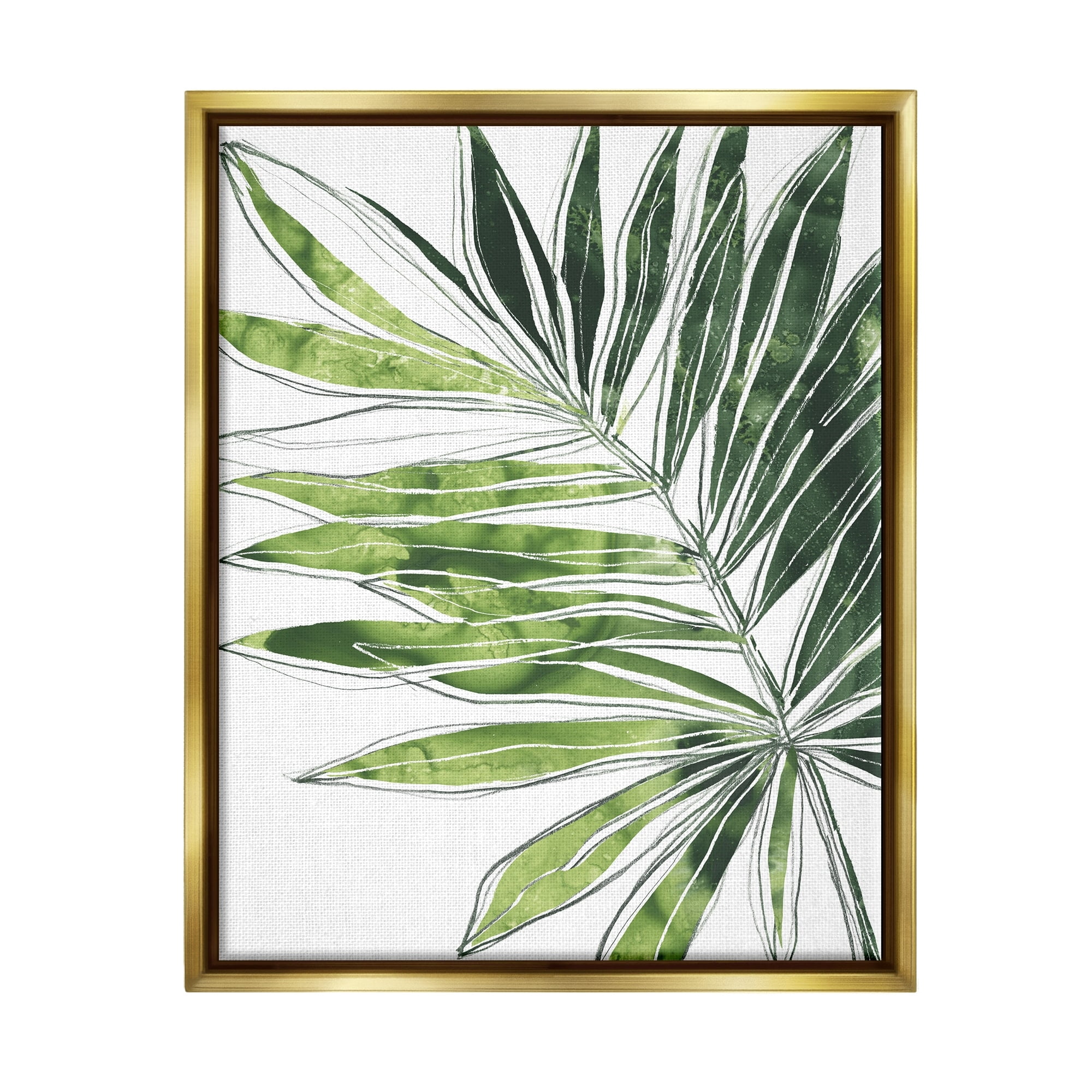 Stupell Industries Tropical Green Plant Expressive Palm Linework Metallic Gold Framed Floating Canvas Wall Art, 24x30, by June Erica Vess