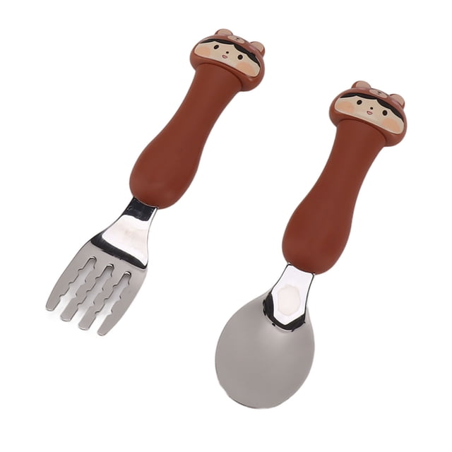 Cute Toddler Fork And Spoon Set Shaped Spoons With PP Handle Stainless Steel Tableware For Feeding Training Attractive Cartoon Design Promote Self Feeding Skills