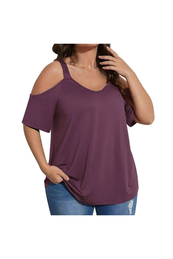 Plus Size Cold Shoulder Tops for Women Loose V Neck Casual Blouses Solid Short Sleeve Pullover T Shirts