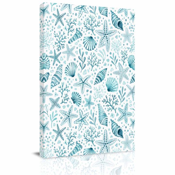 Canvas Wall Art, Summer Coastal Framed Canvas Prints for Bathroom Hallway, Tropical Ocean Coral Starfish Conch Aqua Small Gallery Wrapped Wall Decor for Home Office, Gifts, 8"x10" Ship Next Day