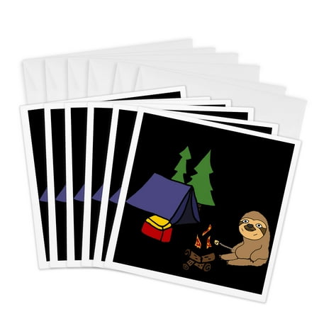 3dRose, Funny Sloth Roasting Marshmallows Camping Nature Cartoon, 6 Greeting Cards with envelopes