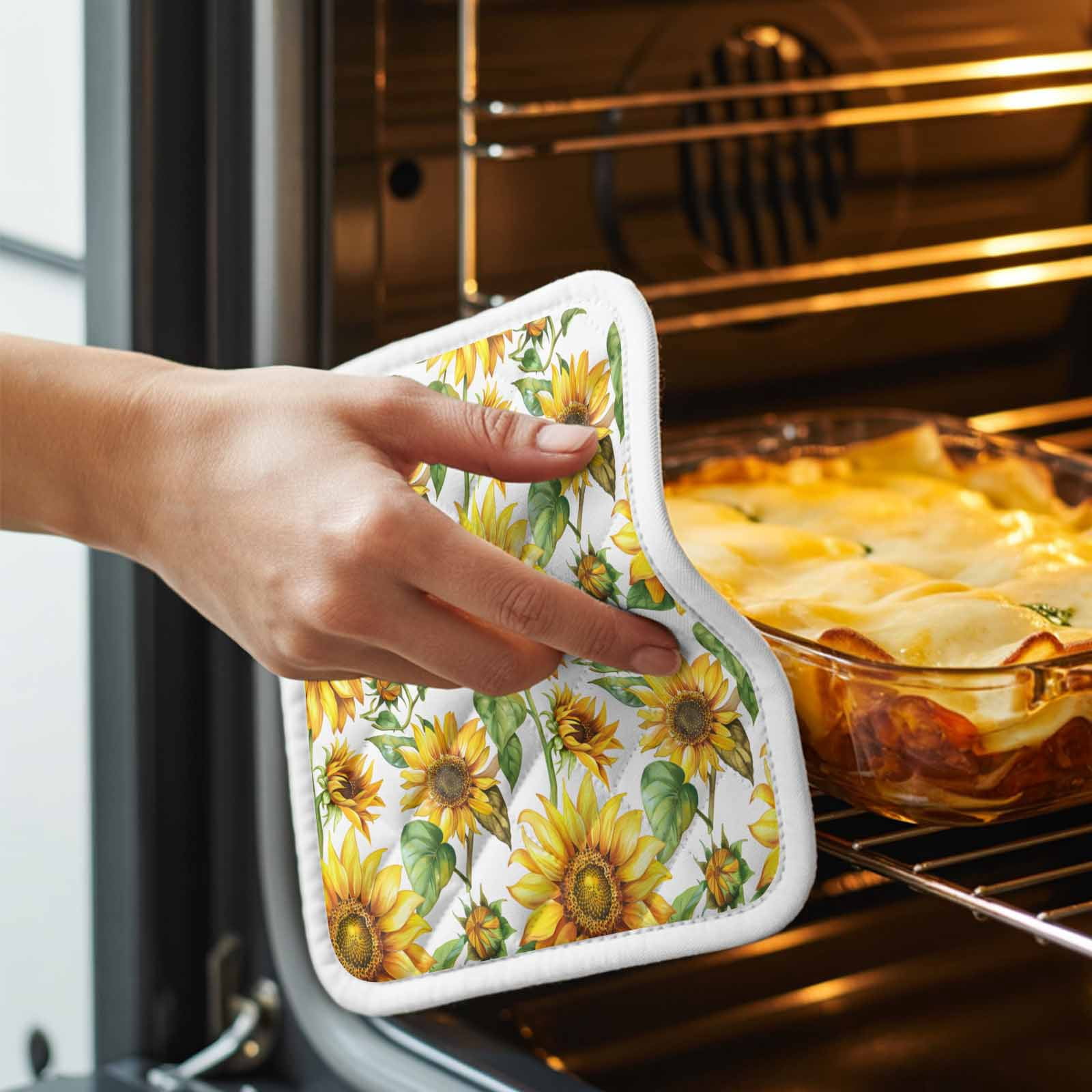 Sunflower Pot Holders for Kitchen Heatproof Potholder, 3 Pack Yellow Green Botanical Summer Rustic Hot Pads Multipurpose Oven Pads Cloth Potholders Trivet for Cooking Baking
