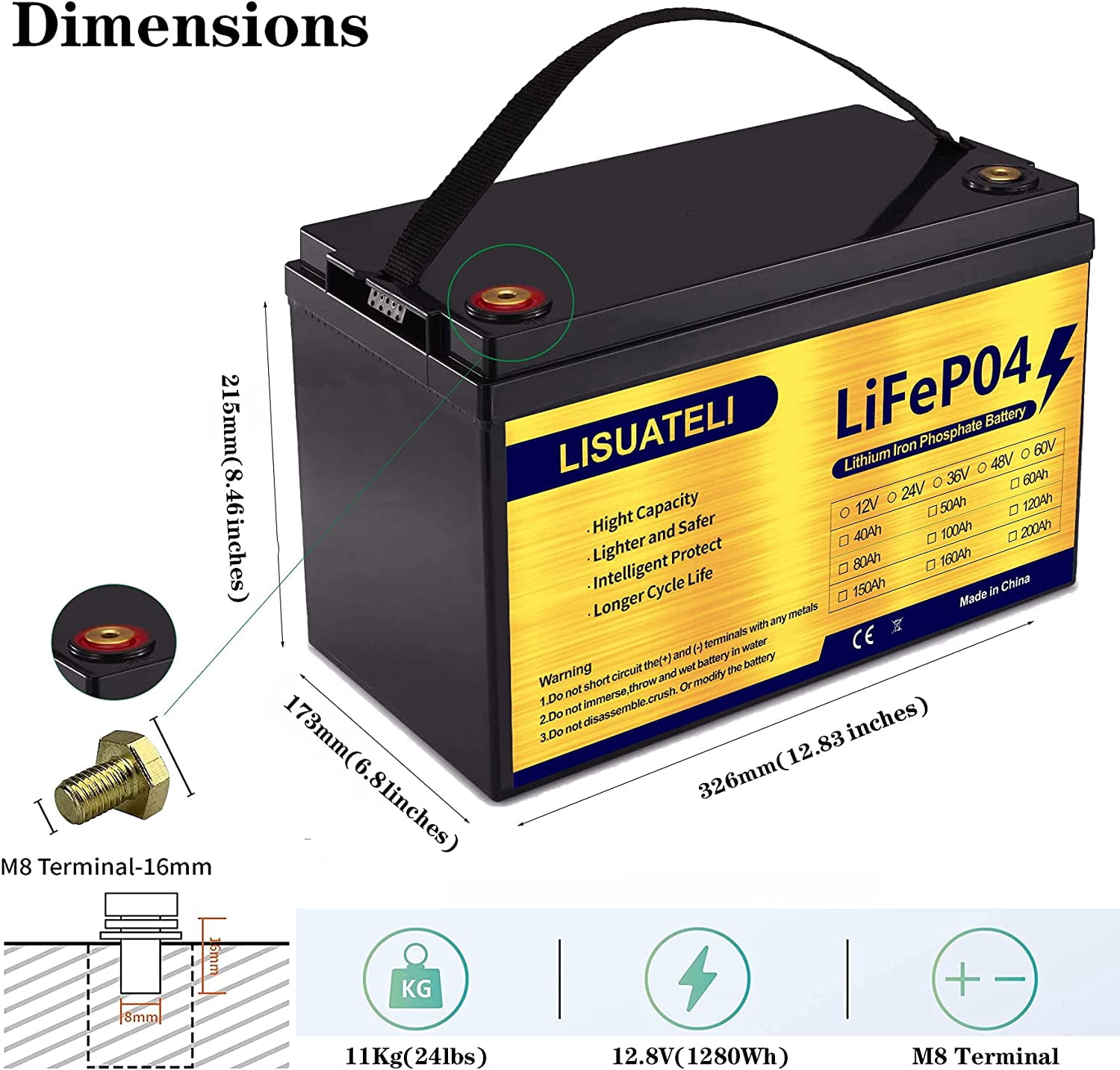 LISUATELI 12V 100Ah Lifepo4 Lithium Batteries  Deep Cycles for Golf Cart Solar RV Camper Marine Battery  1280Wh with 100A BMS