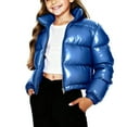 thumbnail image 4 of Girls Puffer Coat Bright Solid Color Warm Cropped Down Jacket No Hood Long Sleeve Stand Collar Zip Up Outerwear (2-3 Years, Blue), 4 of 6