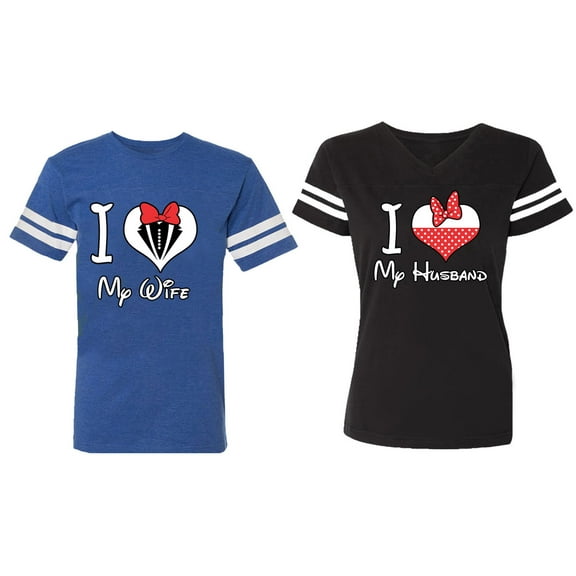 I Love My Husband Wife Matching Couple Cotton Jerseys (Men Royal / Women Black) (Men S / Women S)