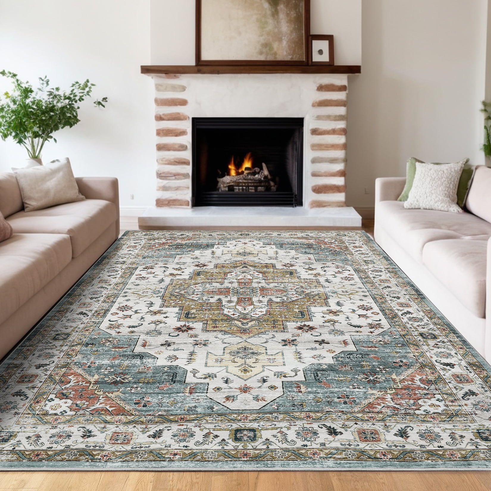 Hasoo Area Rug 8' x 10' Rugs for Dining Room Washable Rugs Vintage Distressed Indoor Carpet Soft Lightweight Foldable Nonslip Rug Light Green