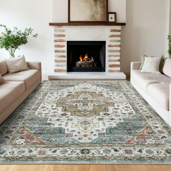 FairOnly 8'x10' Oriental Floral Area Rugs for Living Room Vintage Machine Washable Low Pile Rugs for Bedroom Colorful Non Shedding Indoor Floor Rug