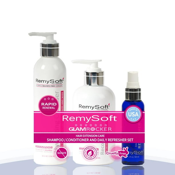 RemySoft Glam Rocker Sistema de renovación rápida - para extensiones de cabello, tejidos y pelucas - Champú acondicionador de fórmula de salón y acondicionador sin enjuague - Espuma suave sin sulfat