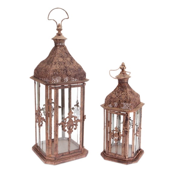 Melrose Set of 2 Brick Brown Antique Rustic Pillar Candle Holder Lanterns 24"