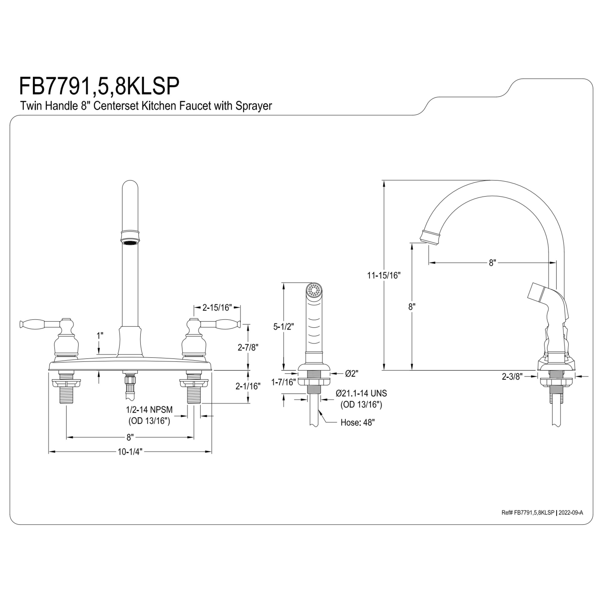 Kingston FB7798KLSP Knight Two-Handle 4-Hole 8" Centerset Kitchen Faucet with Side Sprayer in Brushed Nickel