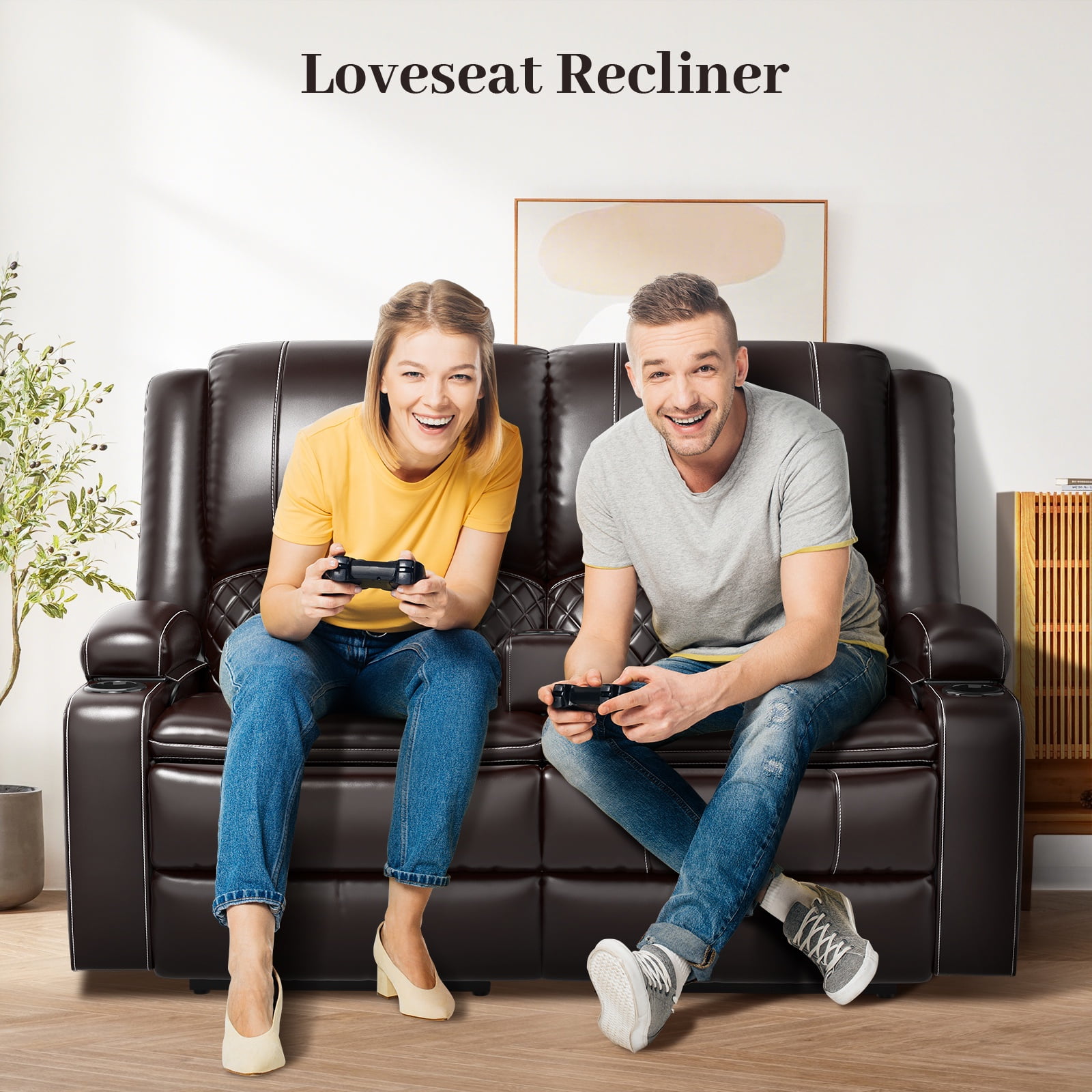 Loberfve Loveseat Recliner Sofa, Manual Recliner Chair with Removable Armrest, 2-Tier Cushions, USB Charging Ports, Cup Holders, Faux Leather Reclining Loveseat for Adults, Brown