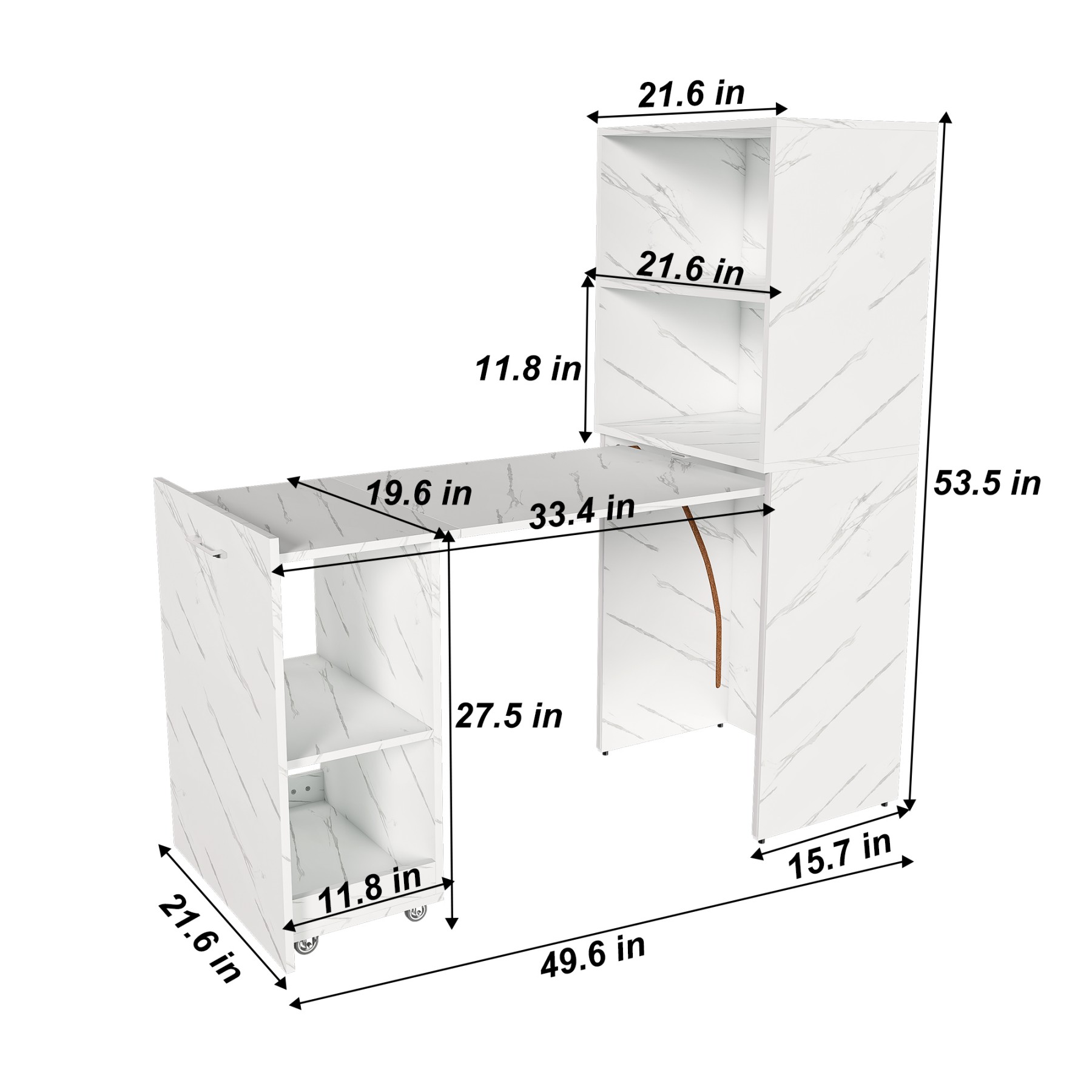 Office Desk,Computer Desk,Stretchable Desk,Foldable Desk with Storage Shelves & Wheels for Small Apartments,Offices,White Marble