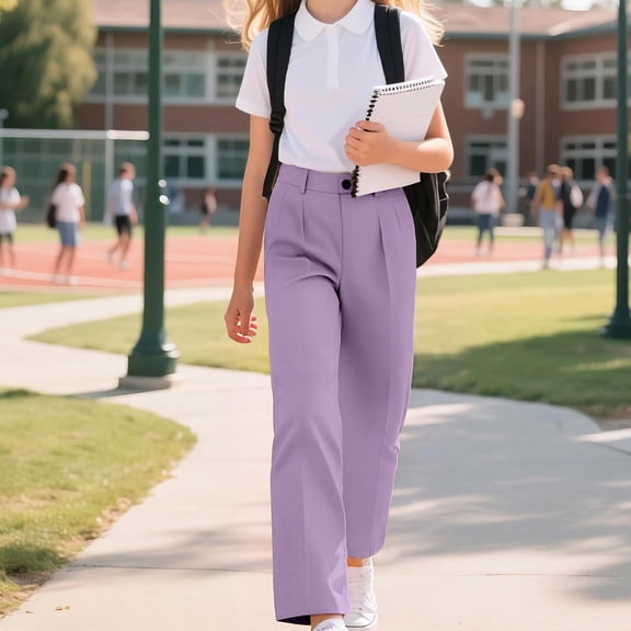 XXWXYD Girls School 𝖴niform Pants Wide Leg Khaki Dress Pants Prepy Fashion Elastic Waist Comfortable Casual 7-14 Years