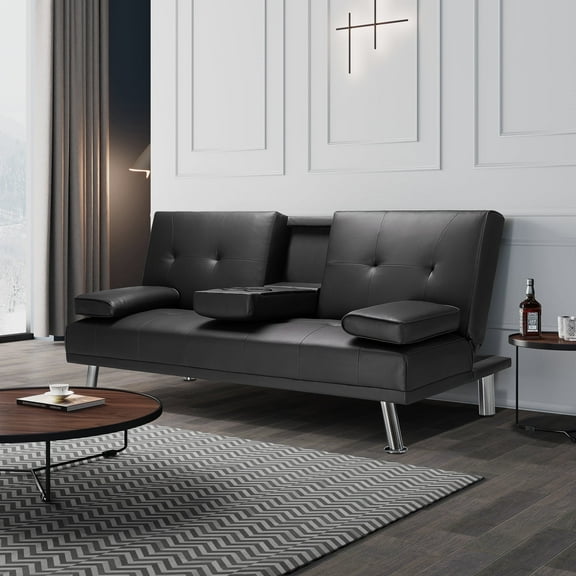 Walsuuny Futon Sofa Bed Adjustable Futon with 2 Cup Holders & Removable Arms Convertible Folding Recliner faux leather sofa,Black