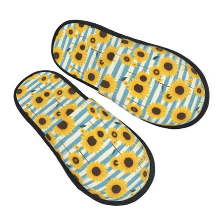 

KLL Blue White Striped Sunflower A Slippers for Women Men House Slip on Indoor Outdoor Bedroom Furry Fleece Lined Ladies Comfy Anti-Skid Rubber Hard Sole-Large