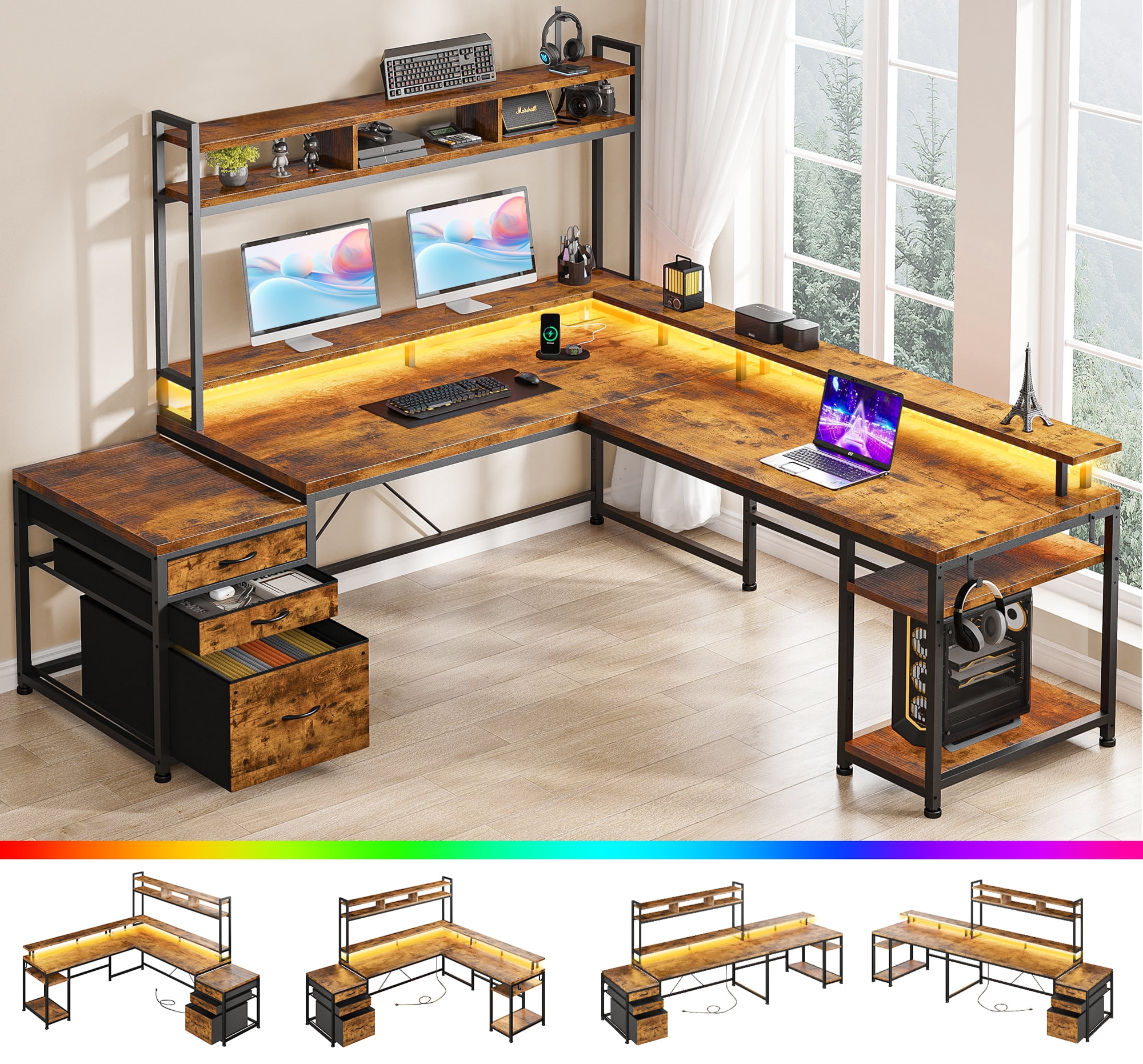 EnHomee 63" L Shaped Desk with Power Outlet & LED Lights Reversible Computer Desk for Home Office Rustic Brown
