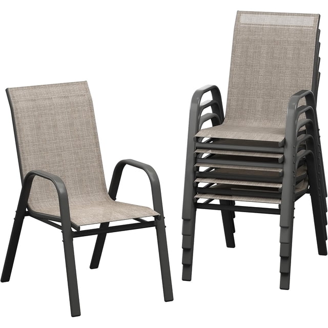 Patio Chairs Set of 6, Outdoor Stackable Dining Chairs with Textilene Fabric, All-Weather Deck Stacking Chairs with High Back for Backyard Poolside Garden Balcony, Brown