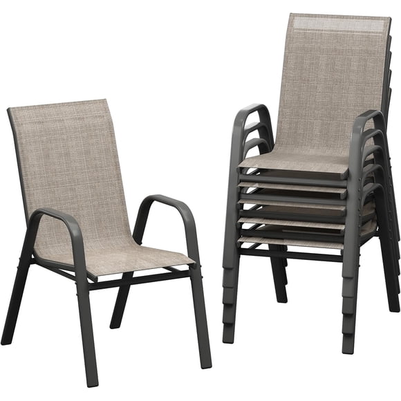 YUSAZENS Patio Chairs Outdoor Stackable Dining Chairs All Weather Lightweight Textilene with Armrests 140 Kg Capacity for Backyard Pool Deck Garden Lawn Brown 6pc
