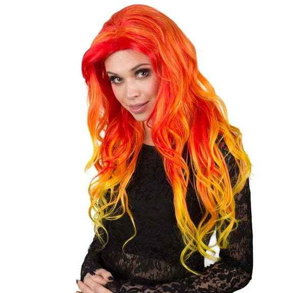 HPO Adult Women's Red and Yellow Color Wavy Long Length Trendy Flaming Beauty Wig