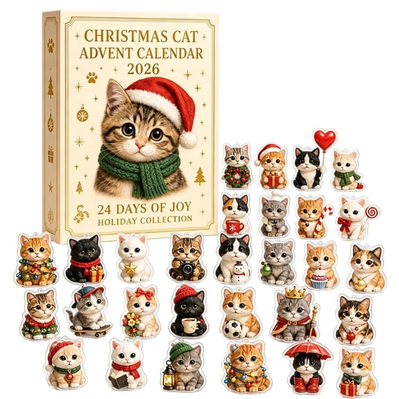 Christmas Advent Calendar 2026 for Cat Lovers Featuring 24 Days Christmas Countdown with 2D Acrylic Feline Decorative Charms for Holiday Surprises Collectible Mystery Gift Set