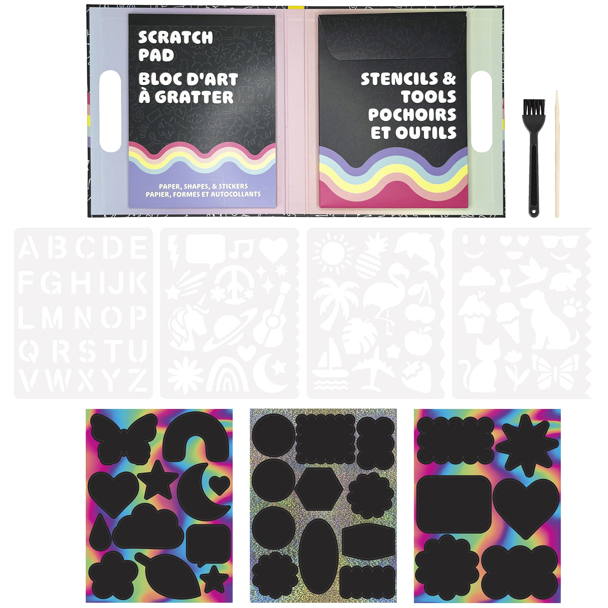 Little Yellow Bicycle: Scratch Art Kit - 4 Rainbow & 4 Sparkle Sheets, Stickers & Shapes, 4 Stencils, Scratch Tool & Brush, Travel Folder, Kid 5+