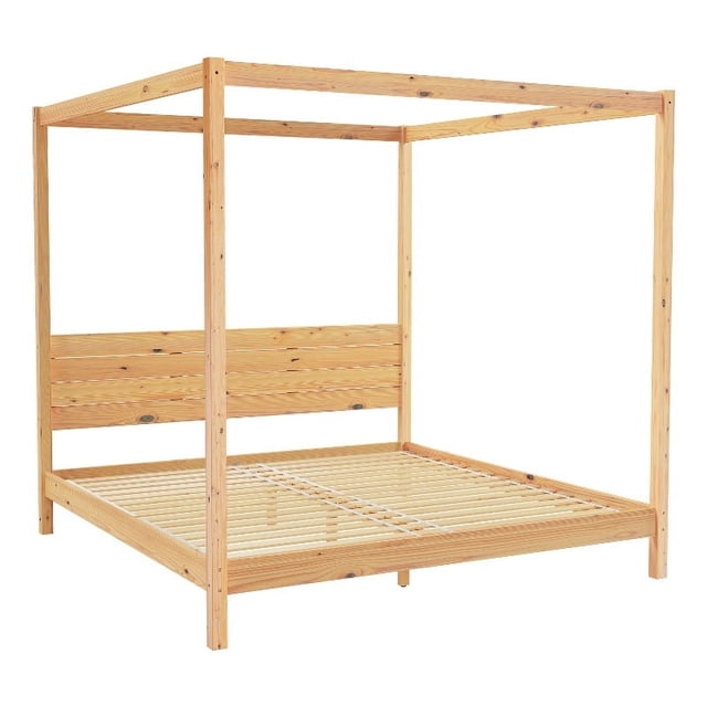 Walker Edison Wood King Size Canopy Bed with Slatted Headboard in Natural