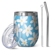 12oz Stemless Wine Tumblers Blue Daisy Flower Pattern Vacuum Insulated Stainless Steel Travel Tumbler Cups Mug with Lid and Straw for Champaign,Cocktail,Beer with Cleaning Brush