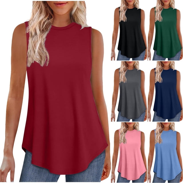 Camisa para mujer,Camiseta sin mangas de color liso para mujer, cuello redondo, mezcla elástica informal, para uso diario y en casa, sopatenor