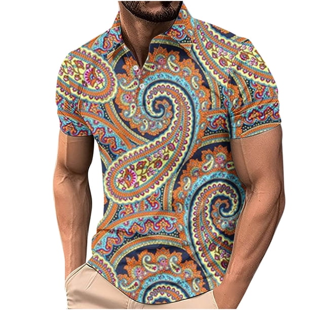 Camisetas de Manga Corta de los Hombres Casual Gradiente Solapa Botón Arriba Camiseta, Top Ligero para el Hogar, Uso Diario Y Cómodo