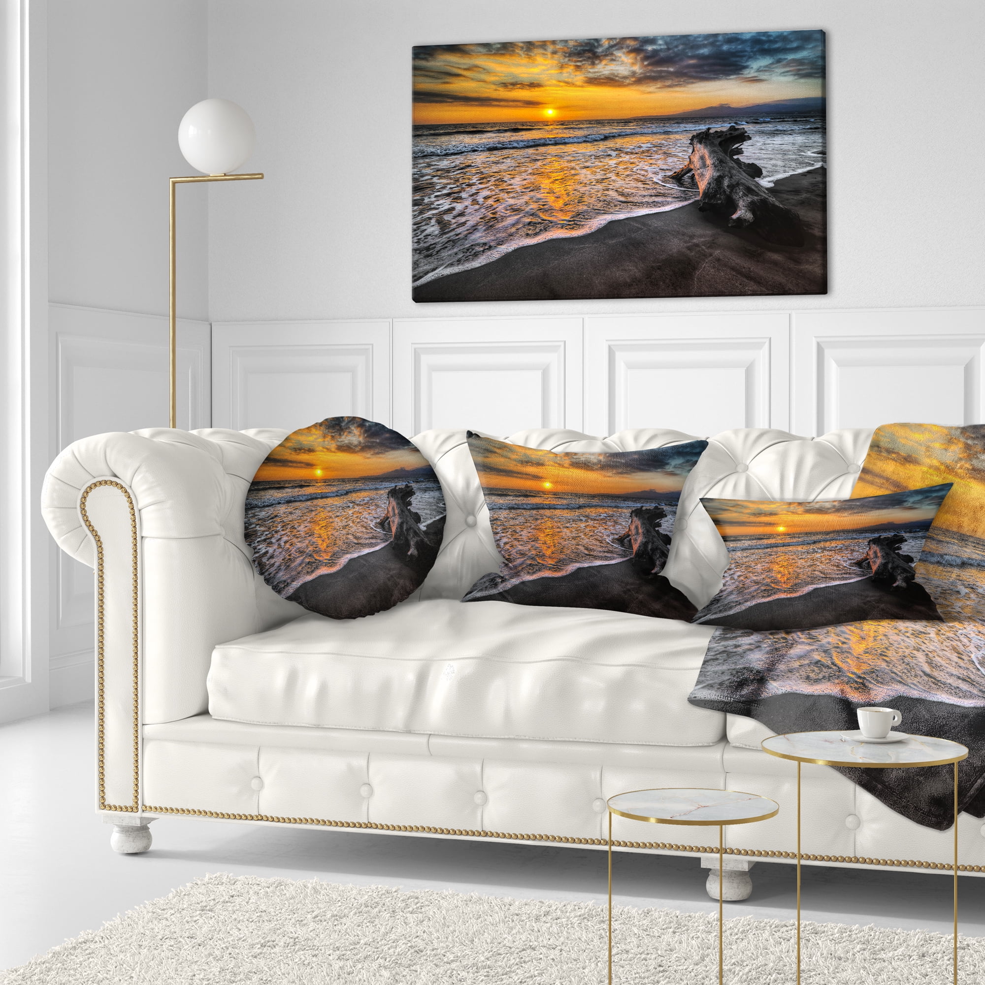 Designart Log on Beach During Sunset - Seashore Throw Pillow - 12x20