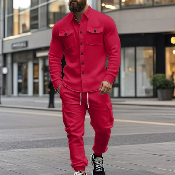 Men Fall Fleece 2 Piece Outfit Long Sleeve Button Down Shirt Wide Leg Cargo Pants Set With Pockets Solid Loungewear Sweatsuits (L, Red)
