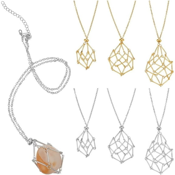 304 Stainless Steel Crystal Stone Cage Pendant Necklaces Mixed Color 11.22~12.60 inch(28.5~32cm) 6pcs/set
