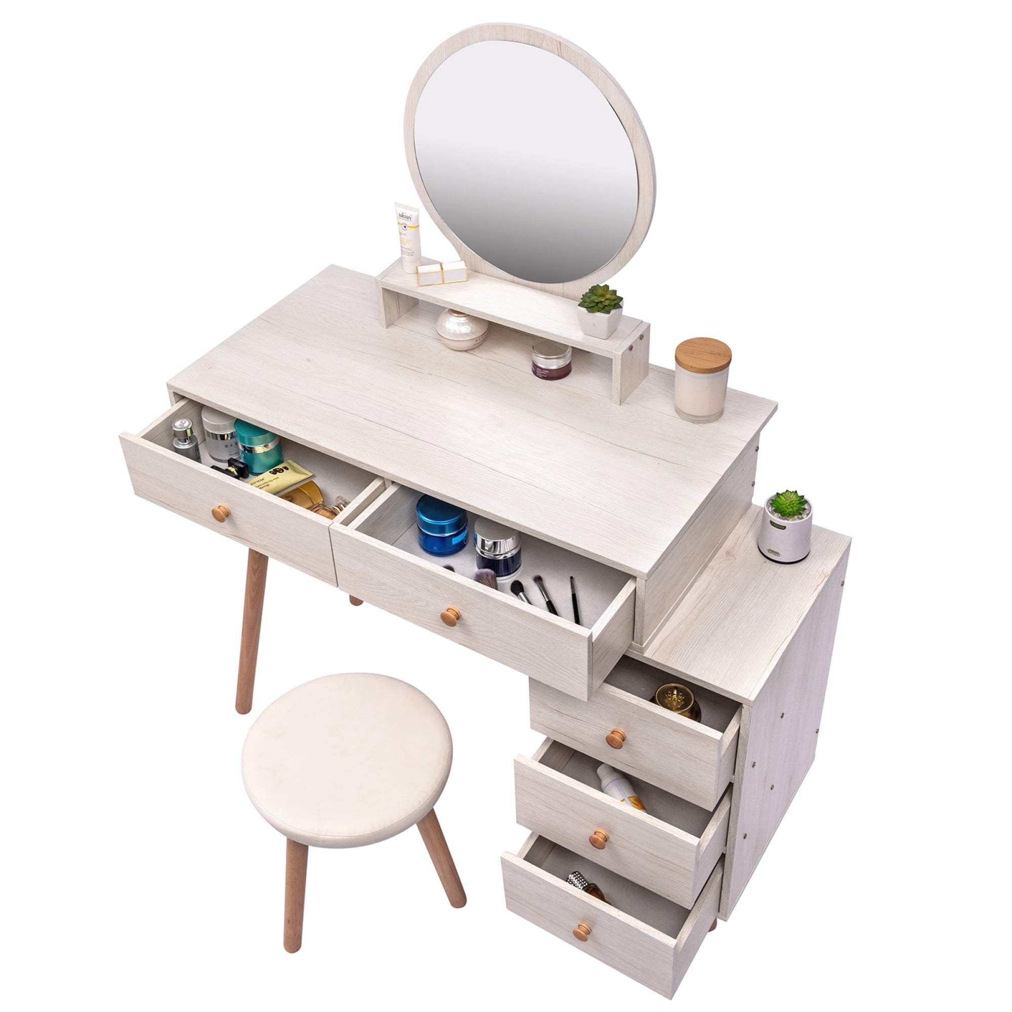 Makeup Vanity Table with Cushioned Stool, Large Capacity Storage Cabinet