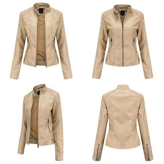 Mnyycxen Women Slim Fit Leather Jacket Zip uP Long Sleeve Stand Collar Coats Motorcycle Faux PU Moto Biker Outerwear with Pockets