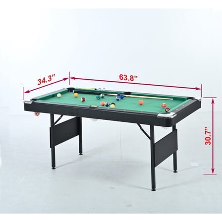 64" Foldable Pool Table for Home - Complete Billiard Game Set with Blue Velvet Cloth, 2 Cue Sticks & Balls, MDF Top with Black Green Frame, Indoor Family Game Table