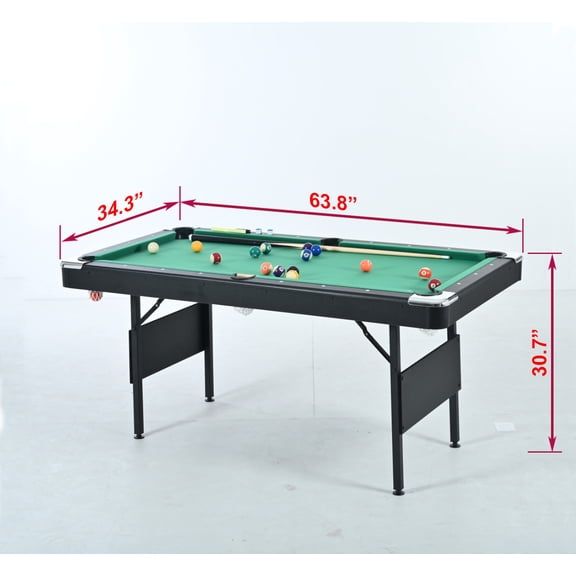 64" Foldable Pool Table for Home - Complete Billiard Game Set with Blue Velvet Cloth, 2 Cue Sticks & Balls, MDF Top with Black Green Frame, Indoor Family Game Table