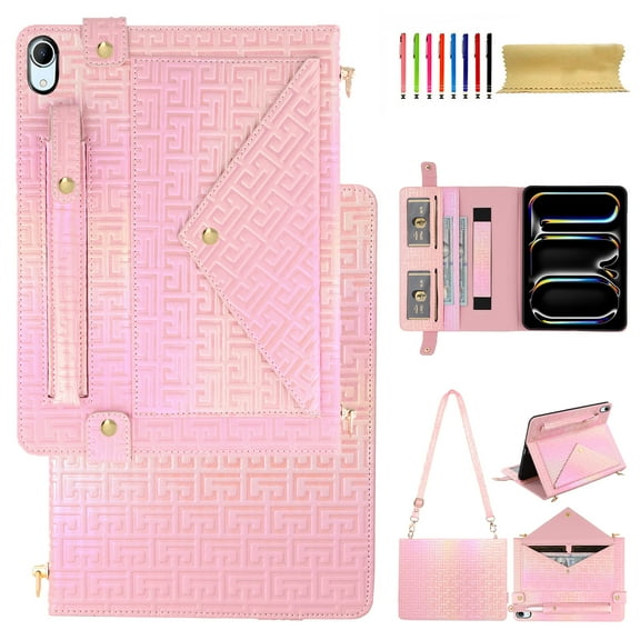 For Apple iPad 10th Gen 10.9" 2022 Wallet Case,With Shoulder Strap&Hand Strap With Elastic,[Stylus Slots&Envelope Pocket,Card Slots],Flip Folio Stand PU Leather Shockproof Rugged Cover,Deeppink
