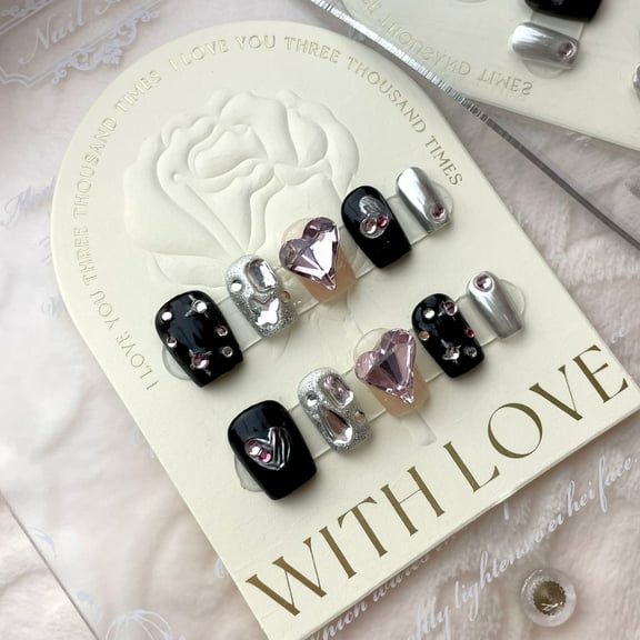 ADITYSHOP - Handmade Radiant Black Diamonds Press-On Nails Medium, Kit included