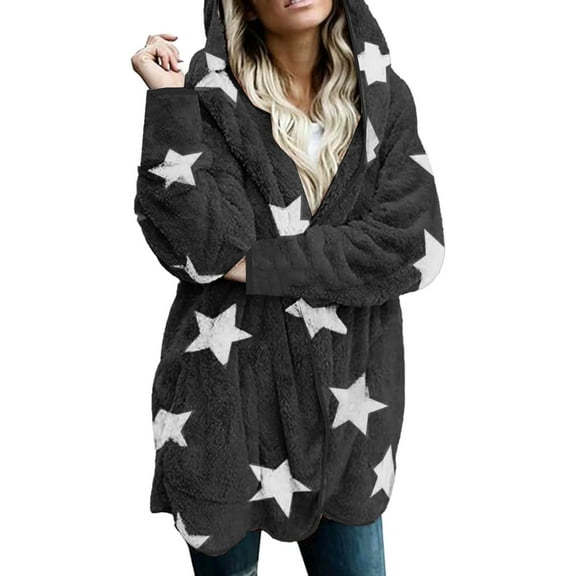 Busydd Winter Coats for Women Trendy Stars Print Fleece Jacket Hooded Warm Winter Jackets Casual Zip Up Down Jacket Outerwear with Pockets