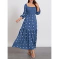 thumbnail image 3 of Caoirhny Women Long Sleeve Floral Dress Casual Square Neck Ruched A-Line Party Long Dress for Beach Cocktail Club Streetwear, 3 of 9