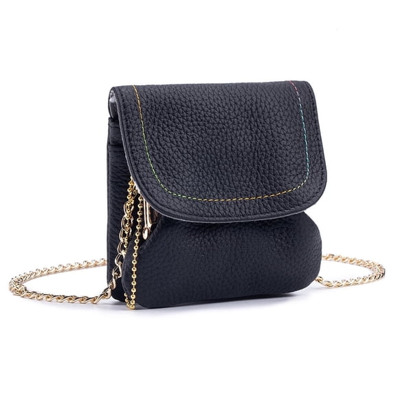 Women's Leather Coin Pouch with Metal Chain Strap,Smart Sling Pouch Change Wallet with 3 Pockets for Ladies Mom Sister Girlfriend Besties,Ideal for Coins,Cards,Keys,Flash Drive(Black)