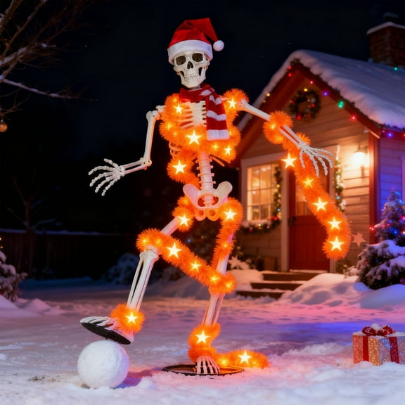 Giant Skeleton Christmas Outfit,Glowing 12ft Skeleton Christmas Accessories Costume Including Giant Santa Hat,2Pcs Fluorescent Orange Garlands,Scarf for Garden Lawn Indoor Outdoor Decor
